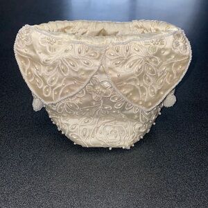 Vintage cream/off white drawstring wedding bag.